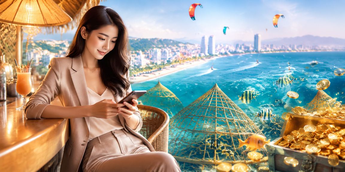 Người dùng trải nghiệm casino mobile tại bãi biển Mũi Né với nón lá truyền thống